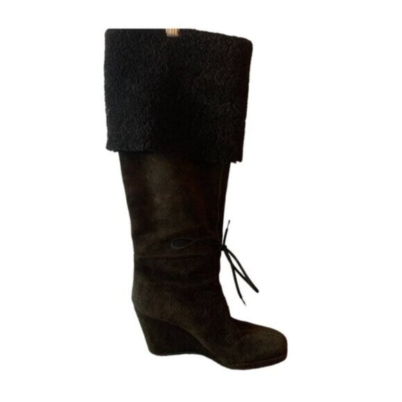 Prada Brown Suede Leather Shearling Knee High Wedge Boots 7 - Picture 1 of 15